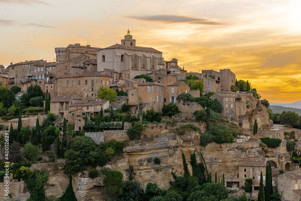 Goult in Provence, beautiful village perched on the mountain, sunrise
