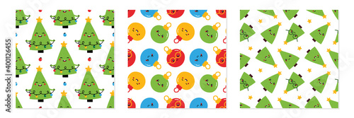 Set, collection of vector seamless pattern backgrounds with cute christmas trees and christmas balls characters.
