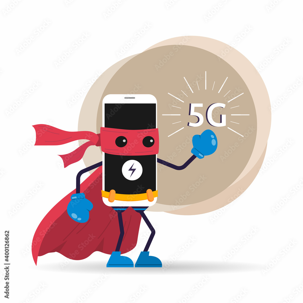 Cute cartoon hero phone character with 5G technology symbol. Flat vector illustration Cute cartoon hero phone character with 5G technology symbol. Flat vector illustration