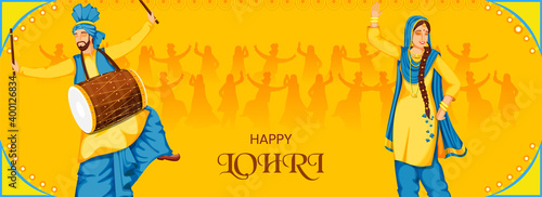 Punjabi People Performing Bhangra Dance With Dhol Instrument On Yellow Background For Happy Lohri Celebration.