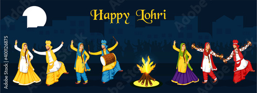 Punjabi People Doing Bhangra Dance With Music Instruments And Bonfire On Blue Full Moon Background For Happy Lohri Celebration.