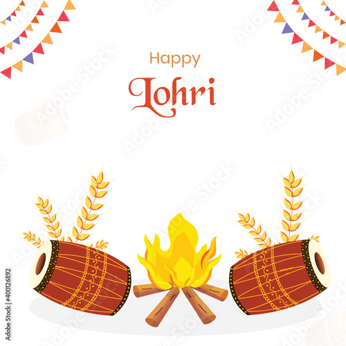 Happy Lohri Celebration Poster Design With Bonfire, Wheat Ears And Dhol Illustration On White Background.