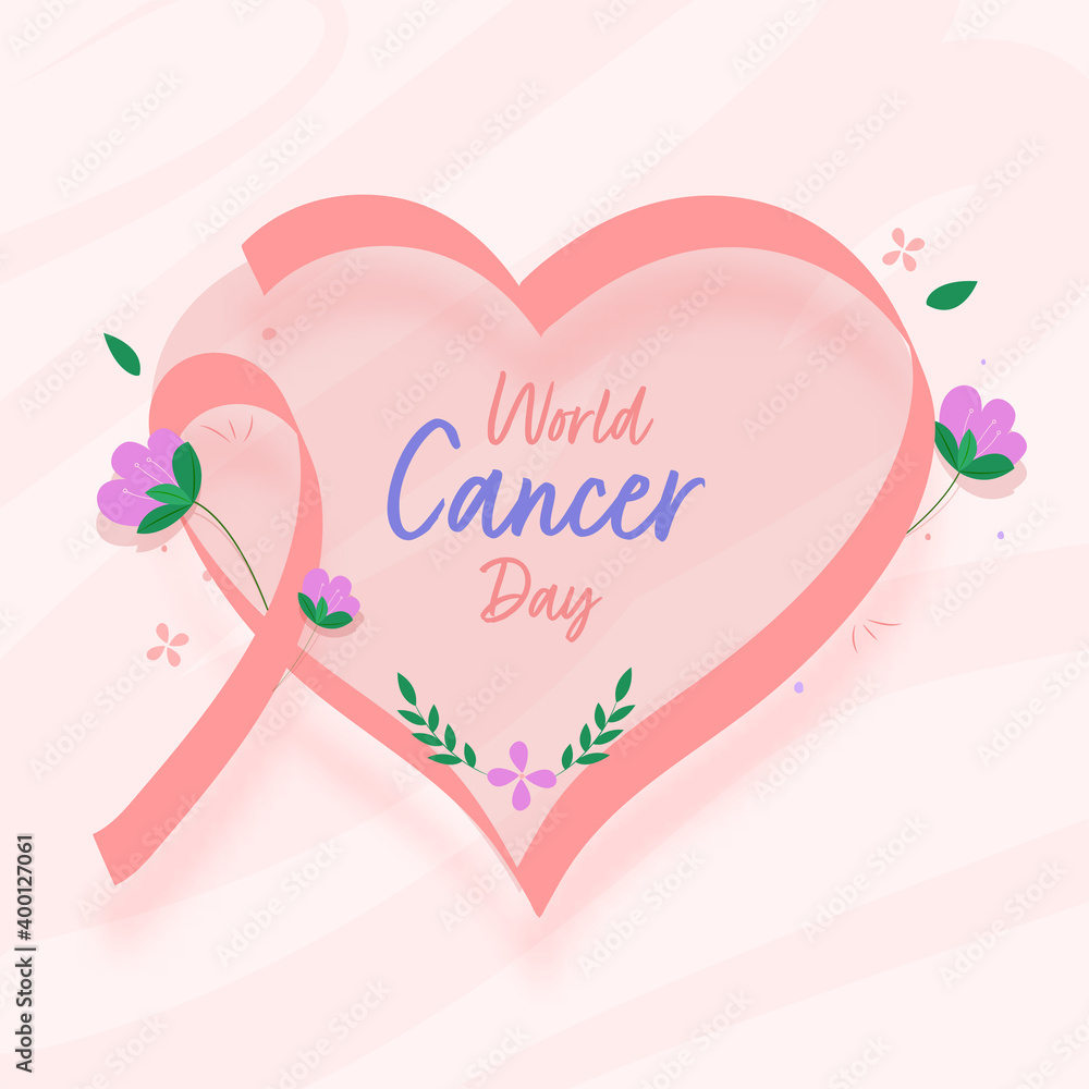 World Cancer Day Concept With Pink Ribbon And Flowers On White Background.