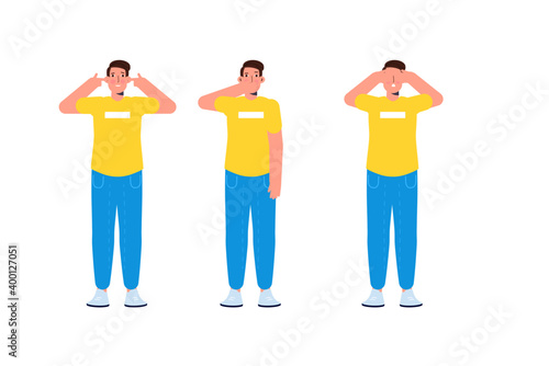 Ignore or avoid concept wiht characters. Hear no evil,  see no evil and speak no evil. Vector illustration.