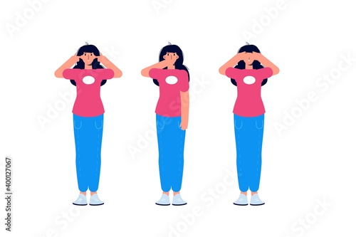 Ignore or avoid concept wiht characters. Hear no evil,  see no evil and speak no evil. Vector illustration.
