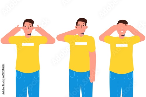 Ignore or avoid concept wiht characters. Hear no evil,  see no evil and speak no evil. Vector illustration.