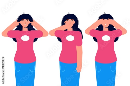 Ignore or avoid concept wiht characters. Hear no evil,  see no evil and speak no evil. Vector illustration.