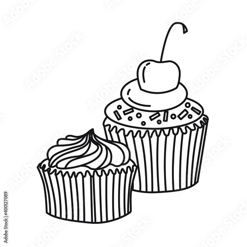 Black and white drawing of two cupcakes with cream and cherry. Drawn by hand. Clip art. Suitable for postcards, flyers, banners, invitations.Vector illustration  antistress coloring page.