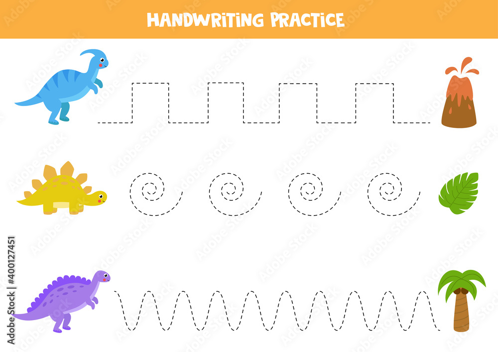 Trace the lines between cute dinosaurs and palm, leaf and volcano. Trace the lines between cute dinosaurs and palm, leaf and volcano.