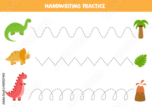 Trace the lines between cute dinosaurs and palm, leaf and volcano.