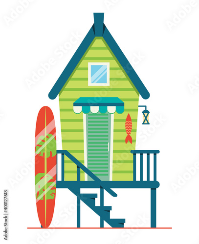 Beach house. Hut with surfboard on the coast. Vector flat illustration.
