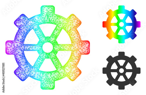 Spectrum colorful network gear, and solid spectrum gradient gear icon. Linear carcass 2D network geometric image based on gear icon, created with intersected lines.