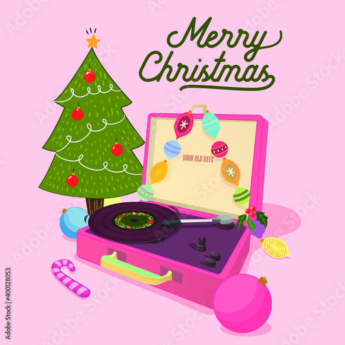 Christmas tree with vinyl player. good old times. Merry Christmas