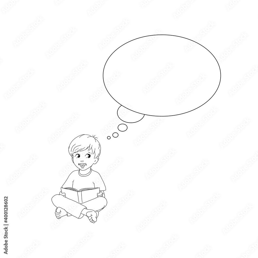 Junge Kind sitzt barfuß Schneidersitz am Boden Buch in Hand liest denkt nach Denkblase Vorlage layout lernen Bildung reden sprechen erzählen vorlesen Geschichte Schüler nachdenklich lachen Ausmalbild Junge Kind sitzt barfuß Schneidersitz am Boden Buch in Hand liest denkt nach Denkblase Vorlage layout lernen Bildung reden sprechen erzählen vorlesen Geschichte Schüler nachdenklich lachen Ausmalbild