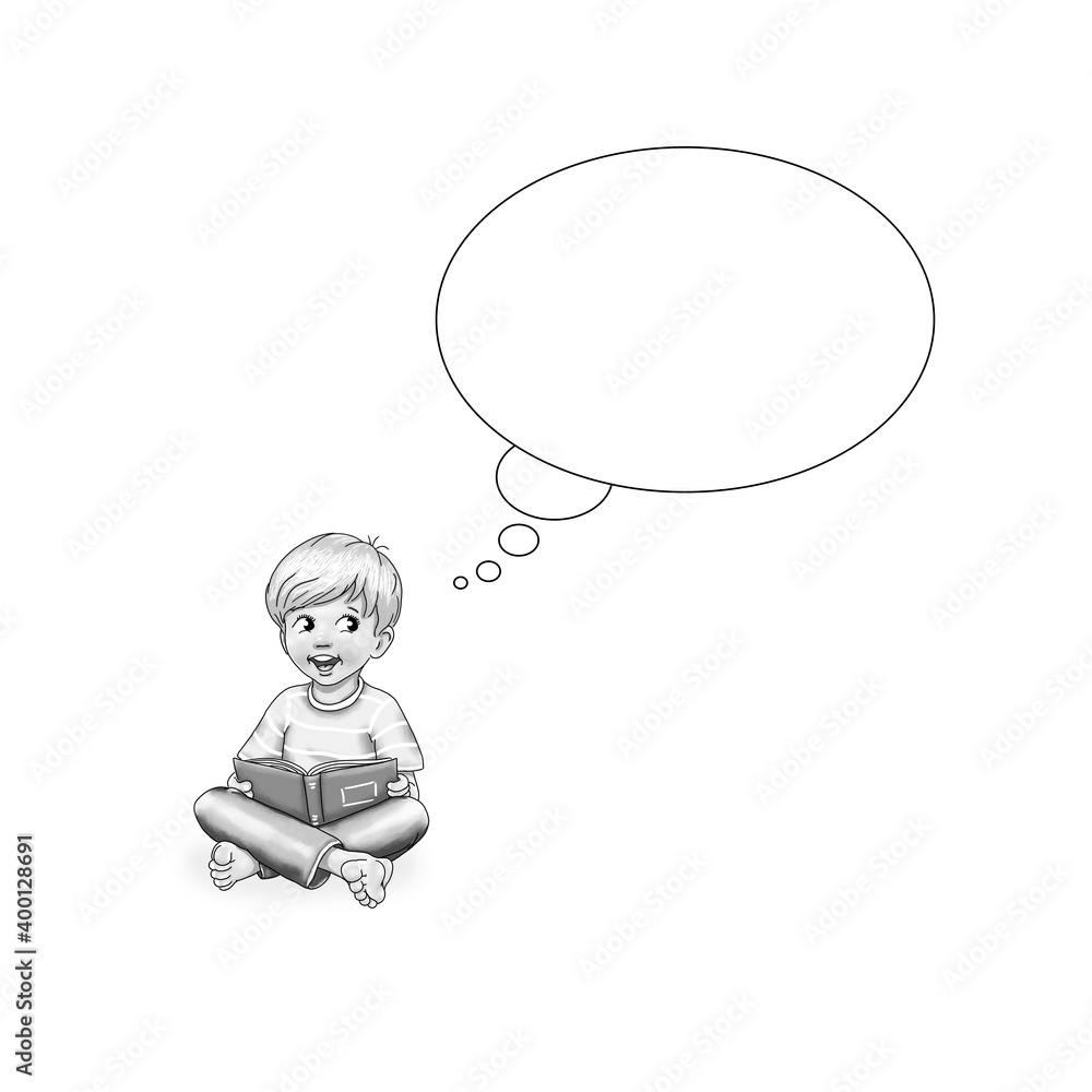 Junge Kind sitzt barfuß Schneidersitz am Boden Buch in Hand liest denkt nach Denkblase Vorlage layout lernen Bildung reden sprechen erzählen vorlesen Geschichte Schüler nachdenklich lachen schwarzweiß Junge Kind sitzt barfuß Schneidersitz am Boden Buch in Hand liest denkt nach Denkblase Vorlage layout lernen Bildung reden sprechen erzählen vorlesen Geschichte Schüler nachdenklich lachen schwarzweiß