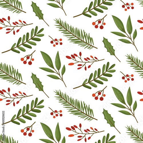 Seamless floral pattern with spring plants and berries. Design for Holidays decoration, wrapping paper, print, fabric or textile. Vector illustration.