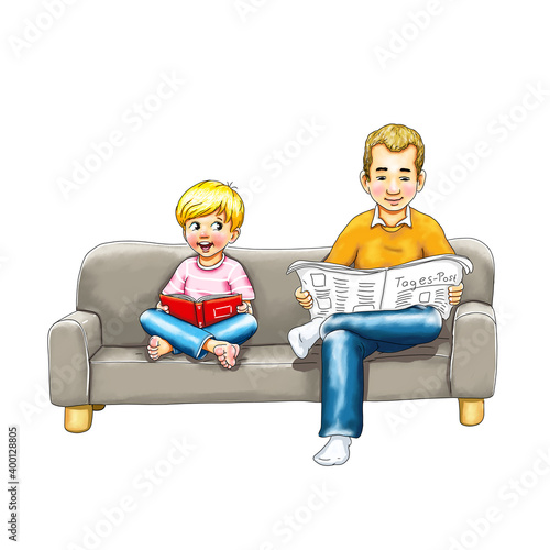 Vater Papa und Kind Junge sitzen auf Couch und lesen Zeitung Buch Vorbild nachahmung nachmachen lernen Bildung abschauen Eltern barfuß Schneidersitz Freude lachen lächeln schauen Presse Tageszeitung 