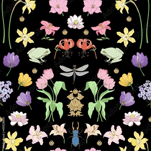 Floral art Nouveau ornament with nascent seamless vector. The pattern contains many elements: tulips, lilies, daffodils, beetles, dragonflies.