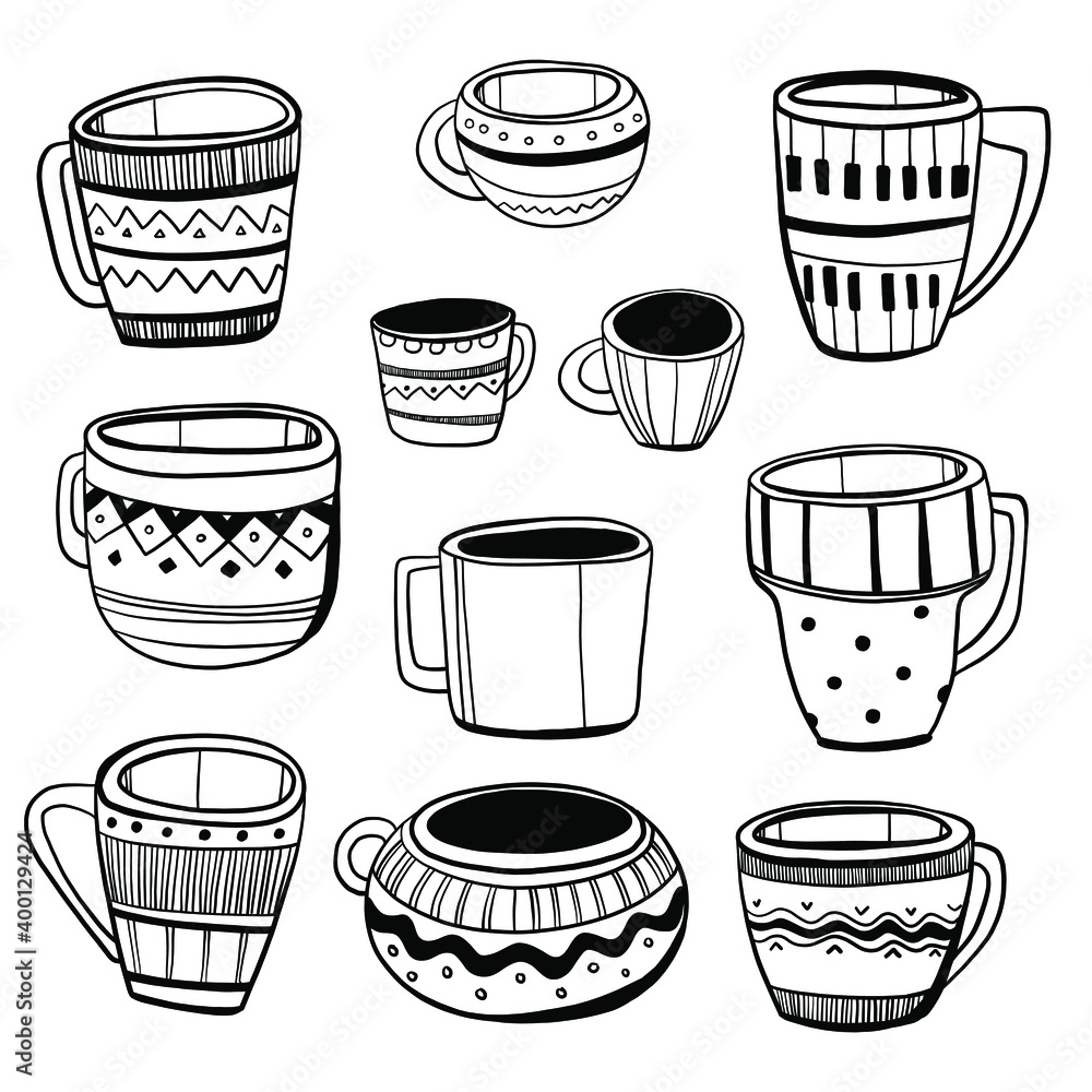 boundary circle of different sizes and directions. Mug with handle and pattern on an isolated background. Vector graphics, pattern boundary circle of different sizes and directions. Mug with handle and pattern on an isolated background. Vector graphics, pattern