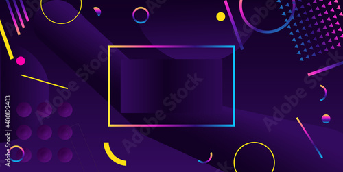 Abstract background in modern futuristic style. Frame with chaotic geometric shapes. Rainbow circles and stripes on a dark background.
