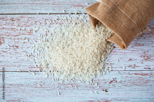rice in burlap sack bag