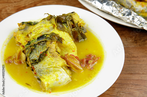 Signature dish of Pahang, Malaysia known as Gulai Patin Masak Tempoyak and Pais Patin.