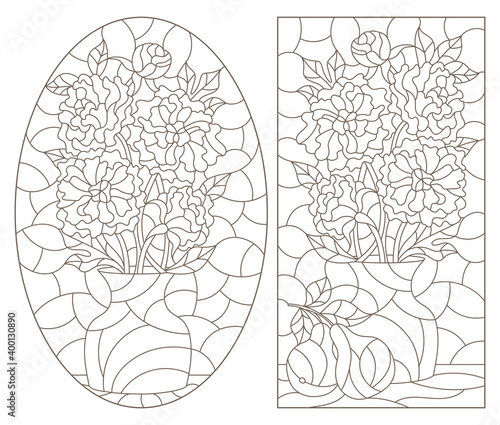 Set of contour illustrations in stained glass style with floral still lifes  dark contours on a white background