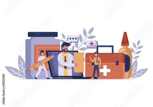 online healthcare and medical consultation and support services concept, doctor teleconferencing with stethoscope on computer laptop screen, conference video call, new normal, Tiny people illustration