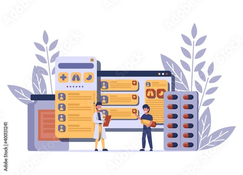 Online Medical services, health program through an online application. Tiny people illustration . Vector illustration