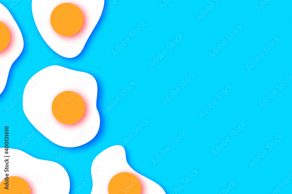 Fried Eggs. Omelet papercut style. Farm products. Fast food. Natural product. Blue background