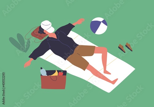 Relaxed man sleeping in the park with cap covering face vector flat illustration. Male resting outdoors lying on blanket on green grass. Guy asleep after picnic enjoy summer recreation