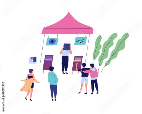 Group of people at musical fair or festival. Men and women standing near vinyl record shop, customer choosing music plate at booth. Summer outdoor event. Vector illustration in flat cartoon style