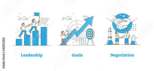 Leadership, business goals and negotiation outline spot illustrations set