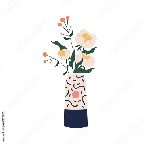 Elegant bouquet with peonies and decorative herb branches in modern ceramic vase vector flat illustration. Beautiful bunch of garden flowers. Floral composition for decor isolated on white