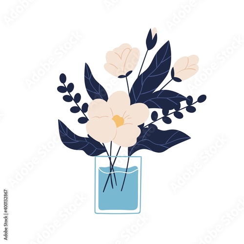 Beautiful decorative spring bouquet with blooming flowers in glass vase vector flat illustration. Bunch of garden or wild elegant plants isolated on white. Romantic floristic composition