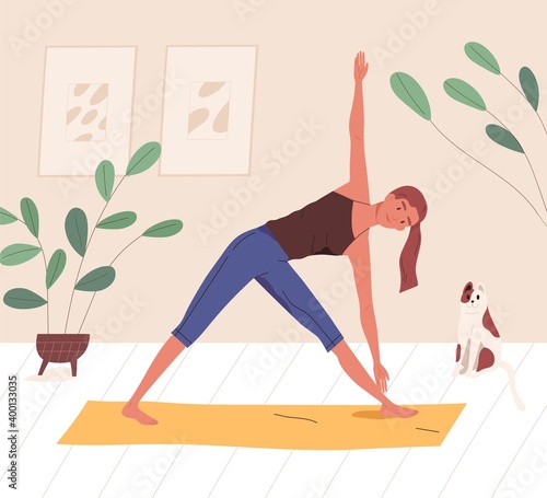 Happy yogini enjoying training on mat at home vector flat illustration. Smiling woman practicing yoga, pilates or stretching. Female character doing parivritta trikonasana position