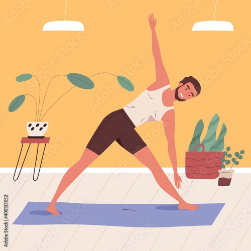 Man standing in triangle pose, practicing yoga vector flat illustration. Smil...