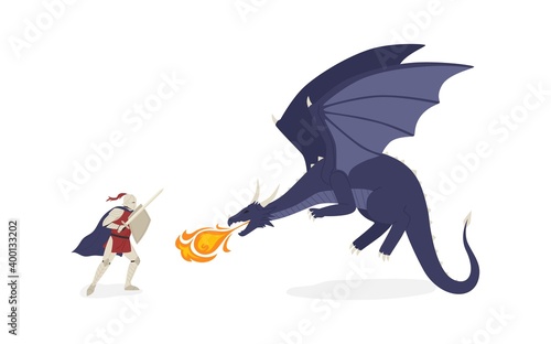 Brave knight fighting with dragon vector flat illustration. Medieval warrior with sword and shield struggling to mythical beast isolated on white. Fairy tale battle between heroic warrior and monster