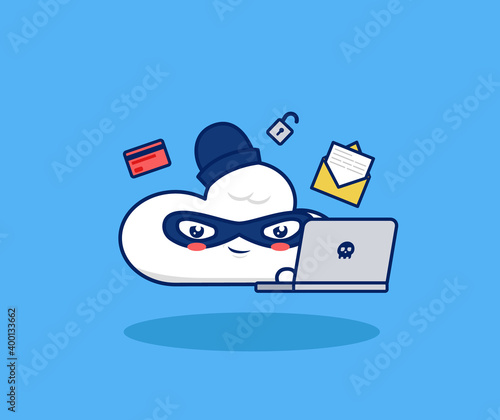 Cute cloud cartoon hacking with laptop. Digital internet hacking cracking illegal valuable data breach illustration concept