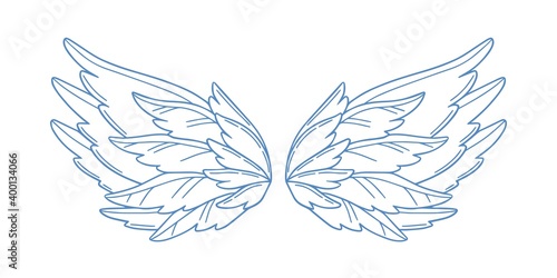 Pair of monochrome wide open holy wings vector illustration. Gorgeous feather wing of bird, cupid or angel isolated on white background. Symbol of heaven and paradise