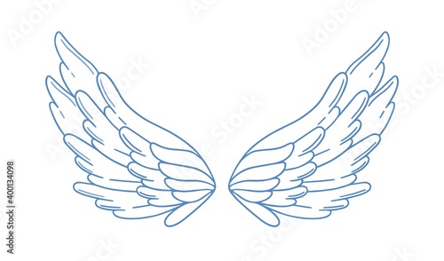 Beautiful wide open angel wings vector monochrome illustration. Pair of bird or amour feather wing isolated on white background. Symbol of religion, romance or love