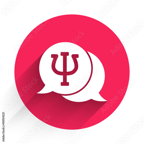 White Psychology icon isolated with long shadow. Psi symbol. Mental health concept, psychoanalysis analysis and psychotherapy. Red circle button. Vector.
