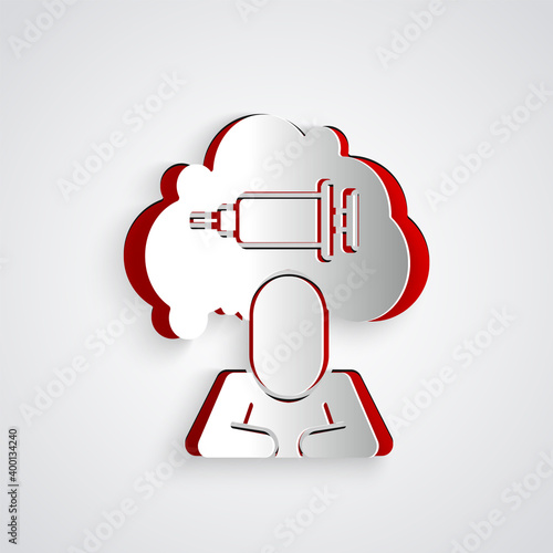 Paper cut Addiction to the drug icon isolated on grey background. Heroin, narcotic, addiction, illegal. Sick junkie with a syringe and medical pills. Paper art style. Vector.