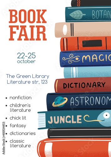 Promo poster for book fair with stack of different academic and entertainment literature vector flat illustration. Vertical advertising template for bookstore or library with a place for text