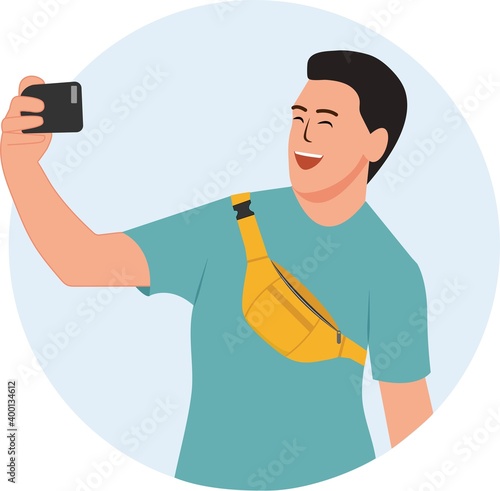 The guy in the belt bag takes a selfie. Fanny pack is yellow. Cheerful teenager laughs. Vector illustration