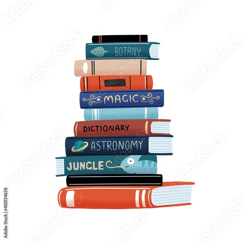 Huge vertical stack of academic and entertainment books with colorful covers vector flat cartoon illustration. Pile of educational and fiction literature isolated on white background