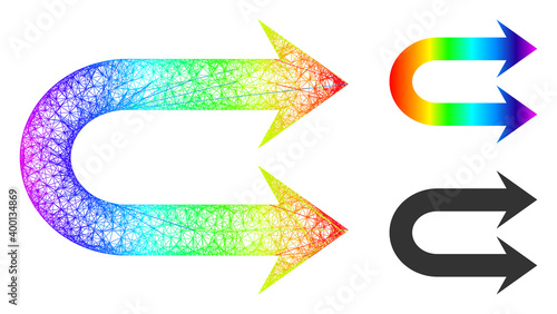 Spectral colored net double right arrow, and solid spectral gradient double right arrow icon. Crossed frame flat net geometric image based on double right arrow icon, generated from crossed lines.