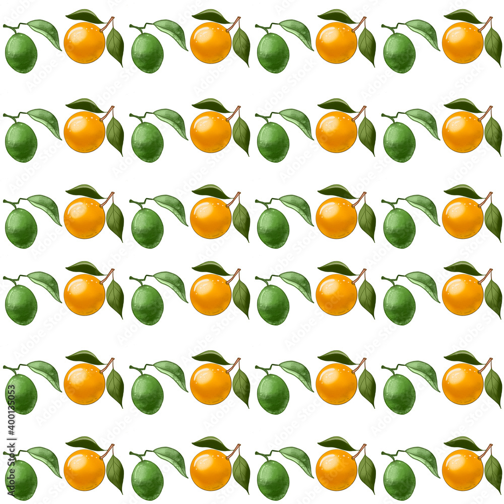 Seamless pattern, orange peach with leaves and green lime on a branch on a white background