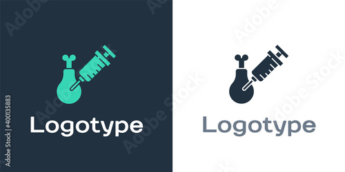 Logotype Gmo research chicken icon isolated on white background. Syringe being injected to chicken. Logo design template element. Vector.