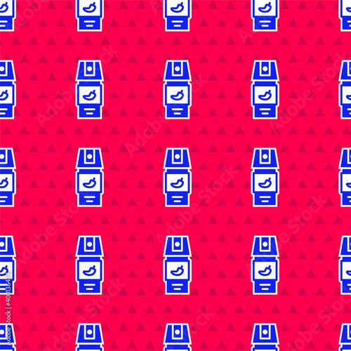 Blue Pepper spray icon isolated seamless pattern on red background. OC gas. Capsicum self defense aerosol. Vector.